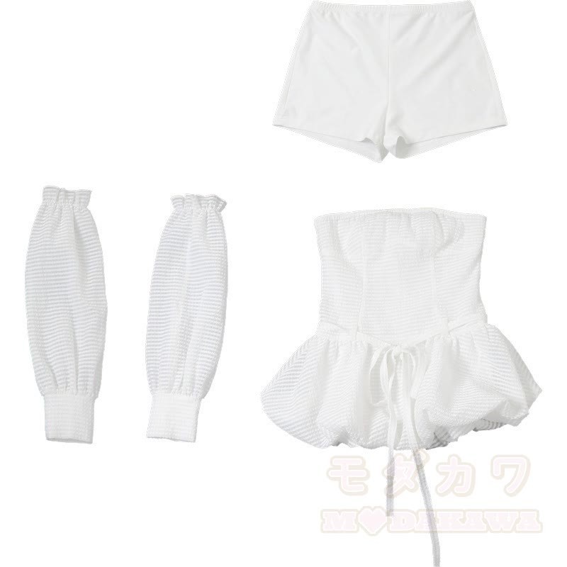 Süßes trägerloses, gerafftes Minikleid mit hohem Bund und ausgestelltem Rock - image 8