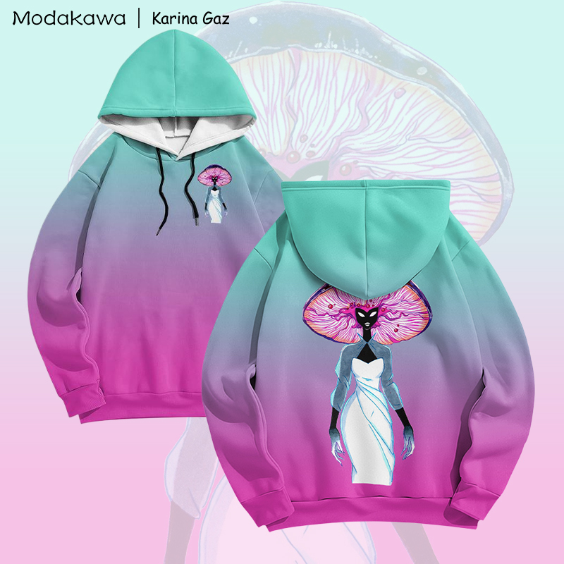 MODAKAWA X Karina Gaz Psychedelic Mushroom Lady Graphic Gradient Pullover Hoodie - Green - 6XL - image 2