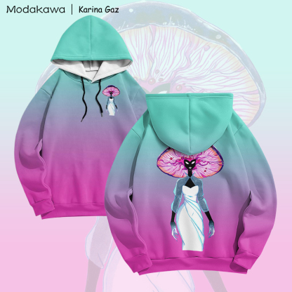 MODAKAWA X Karina Gaz Psychedelic Mushroom Lady Graphic Gradient Pullover Hoodie - Green - 6XL - image 2