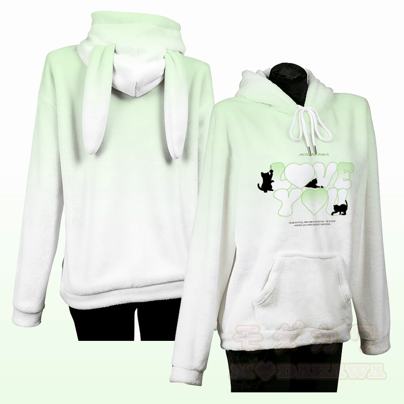 MODAKAWA LOVE YOU Schwarzer Katzen-Plüschhoodie mit Farbverlauf und Hasenohren - Grün - 4XL - image 4