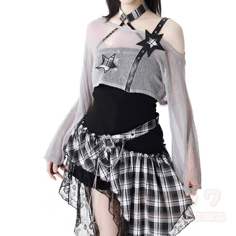 Gothic-Kleid mit transparentem Netzoberteil und Karomuster, zweiteilig - image 4