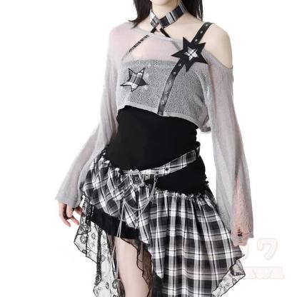 Gothic-Kleid mit transparentem Netzoberteil und Karomuster, zweiteilig - image 4