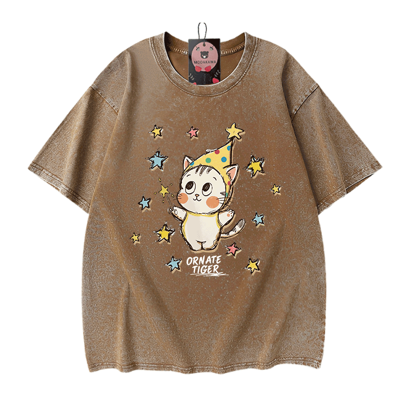 Verzierter Tiger, Stern-Tiger-Grafik, Modakawa Unisex Vintage Washed T-Shirt - Brown - 5XL - image 9