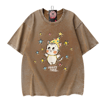 Verzierter Tiger, Stern-Tiger-Grafik, Modakawa Unisex Vintage Washed T-Shirt - Brown - 5XL - image 9
