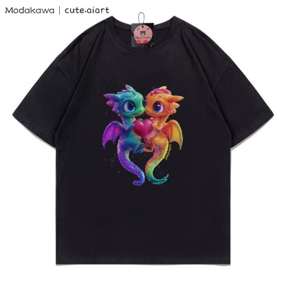 T-Shirt mit Grafik zweier kuschelnder Babydrachen - Black - 5XL - image 5