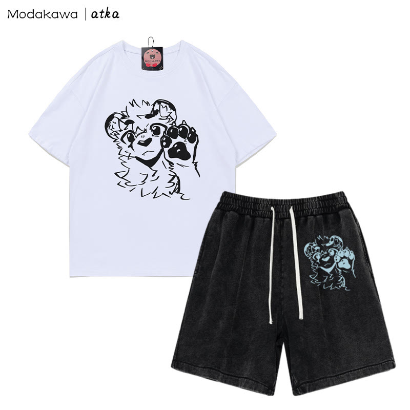 T-Shirt mit Tigerpfoten-Wellengrafik und verwaschenen Vintage-Shorts, zweiteiliges Set - White&Black - 3XL - image 7