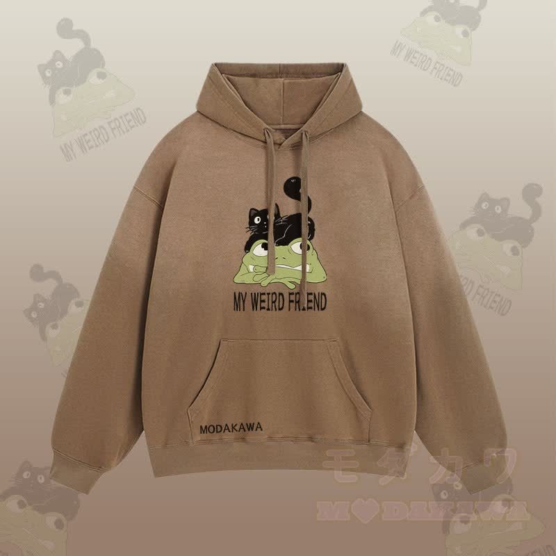 MY WEIRD FRIEND Streetwear-Hoodie mit schwarzer Katze und Frosch-Grafik und Farbverlauf - Braun - 2XL - image 4
