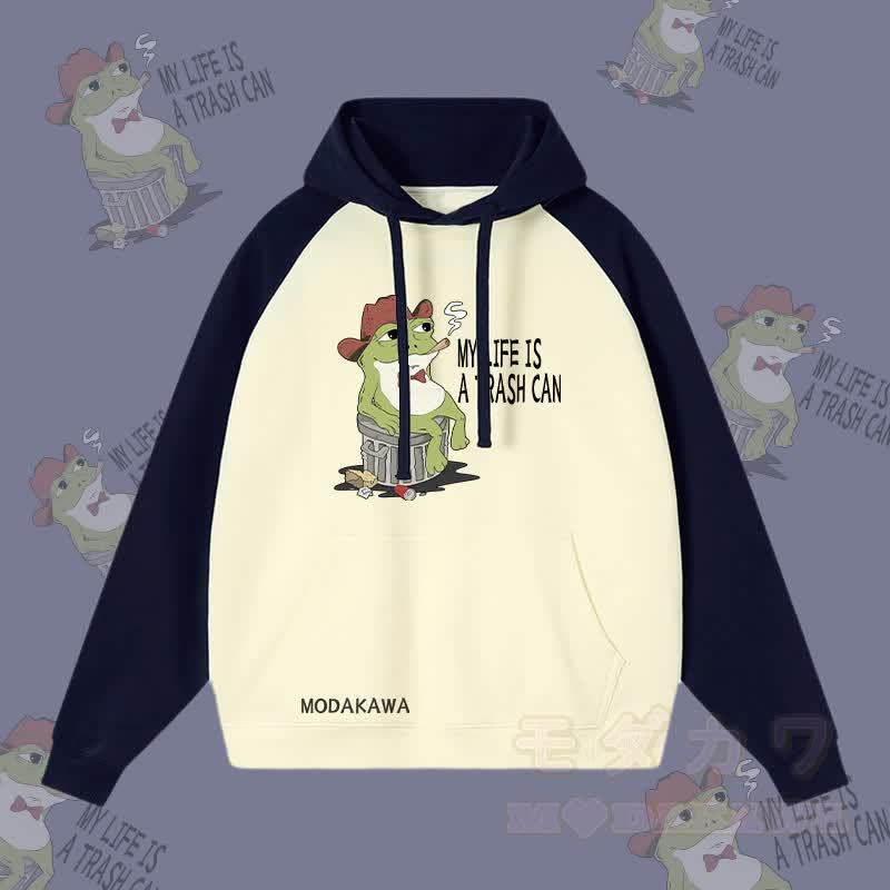 MEIN LEBEN IST EIN MÜLLTONNE Rauchender Frosch Grafik Streetwear Farben Block Hoodie - Purpurblau & Aprikose - 3XL - image 4