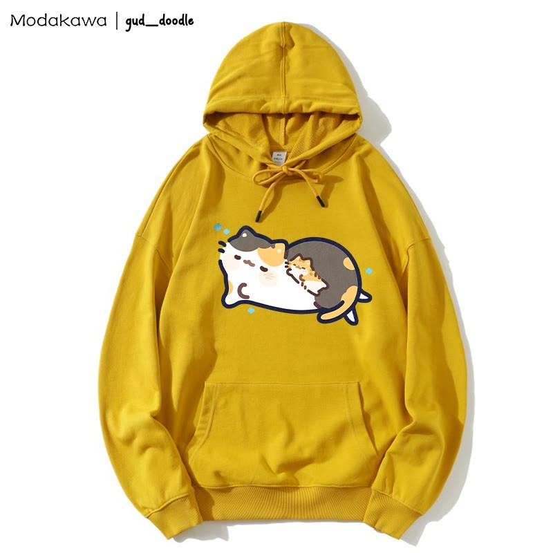 MODAKAWA X gud_doodle Lockerer Hoodie mit schlafendem Kätzchen-Print - Yellow - 5XL - image 7