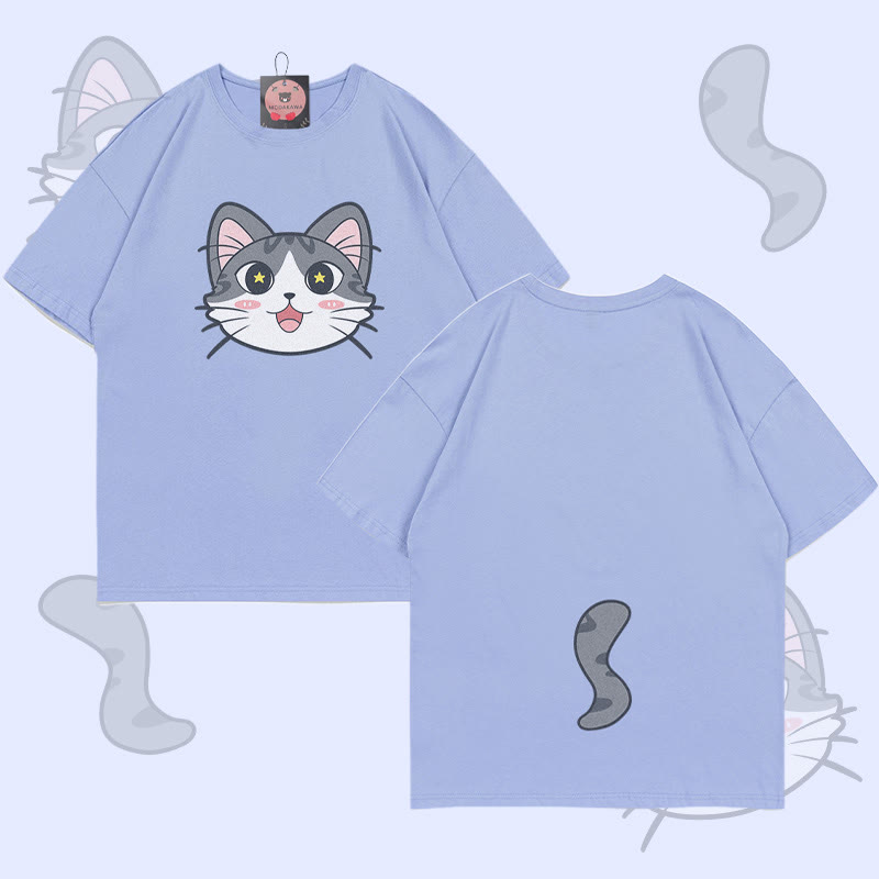 MODAKAWA Katzenkopf- und Schwanzgrafik-T-Shirt - Dusty Blue - 5XL - image 2