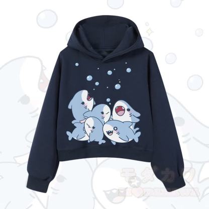 MODAKAWA X atka Shark Print Cropped Cotton Hoodie - Marineblau - 3XL - image 10