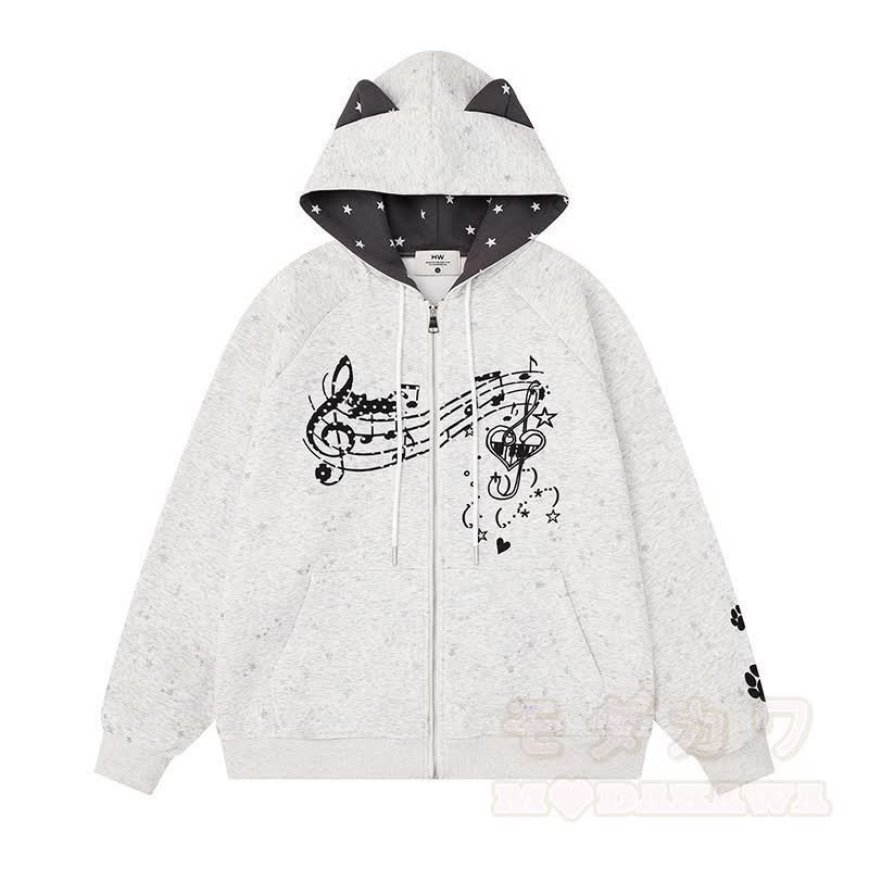 Hochwertiger Kapuzenpullover mit Cartoon-Katzenohren-Motiv und Reißverschluss - Grau - XL - image 4