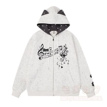 Hochwertiger Kapuzenpullover mit Cartoon-Katzenohren-Motiv und Reißverschluss - Grau - XL - image 4