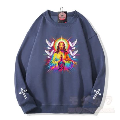 Modakawa Sweatshirt mit Regenbogen-Gebetstauben-Kreuz-Grafik - Staubiges Blau - 5XL - image 4