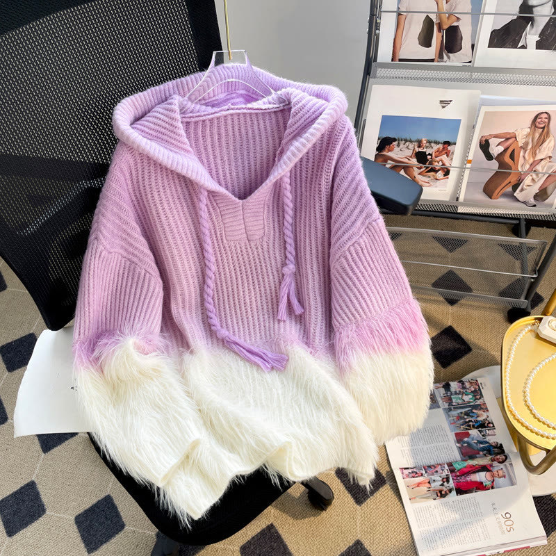 Flauschiger Patchwork-Strick-Kapuzenpullover - Lila - One Size - image 3