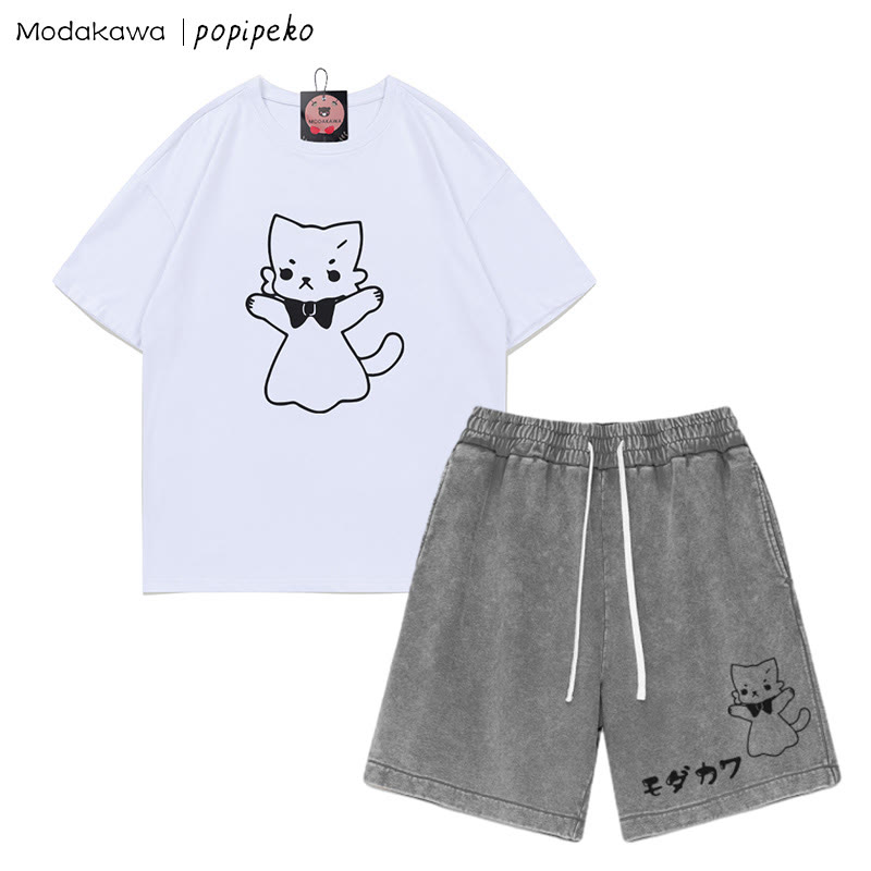 Zweiteiliges Set mit T-Shirt mit Kitty-Grafik und verwaschenen Vintage-Shorts - White&Grey - 3XL - image 7