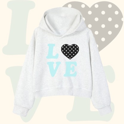 Modakawa Cropped Cotton Hoodie mit LOVE-Buchstaben und Polka-Dot-Grafik - Light Grey - 3XL - image 2