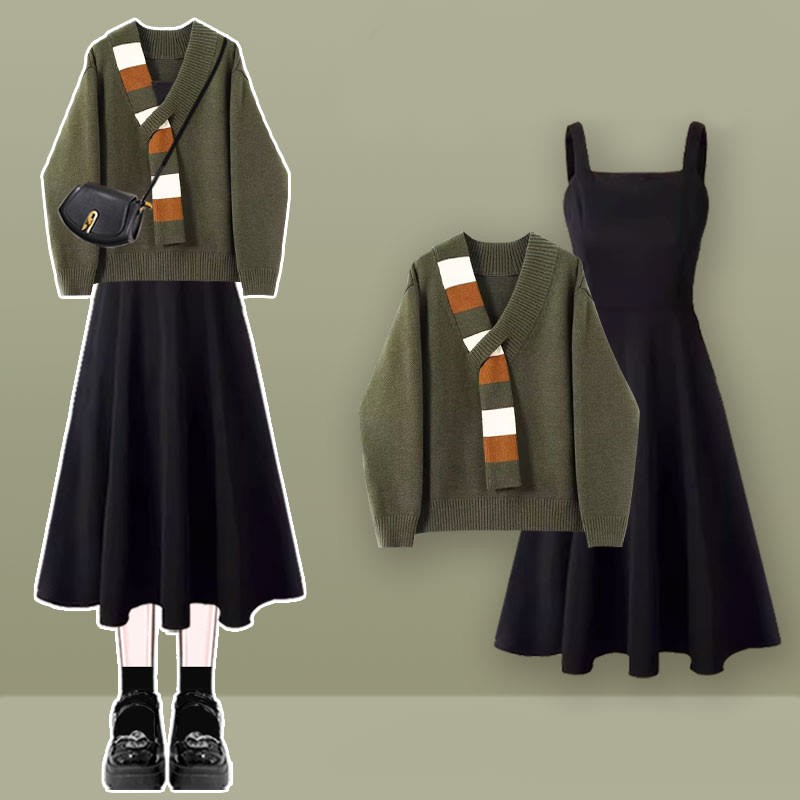 Zweiteiliges Set aus Strickpullover und Unterkleid in Farben - Grünes Set B - XL - image 4