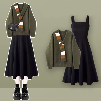 Zweiteiliges Set aus Strickpullover und Unterkleid in Farben - Grünes Set B - XL - image 4