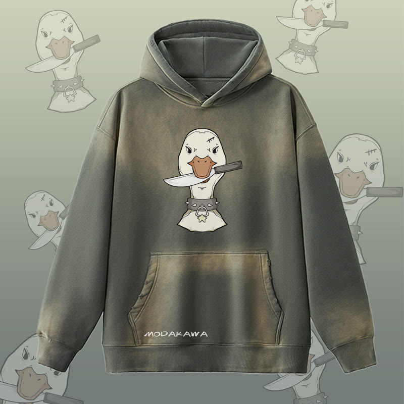 MODAKAWA Kapuzenpullover mit Gans-und-Messer-Motiv im Vintage-Look, gefüttert mit Fleece - Grey - 2XL - image 2