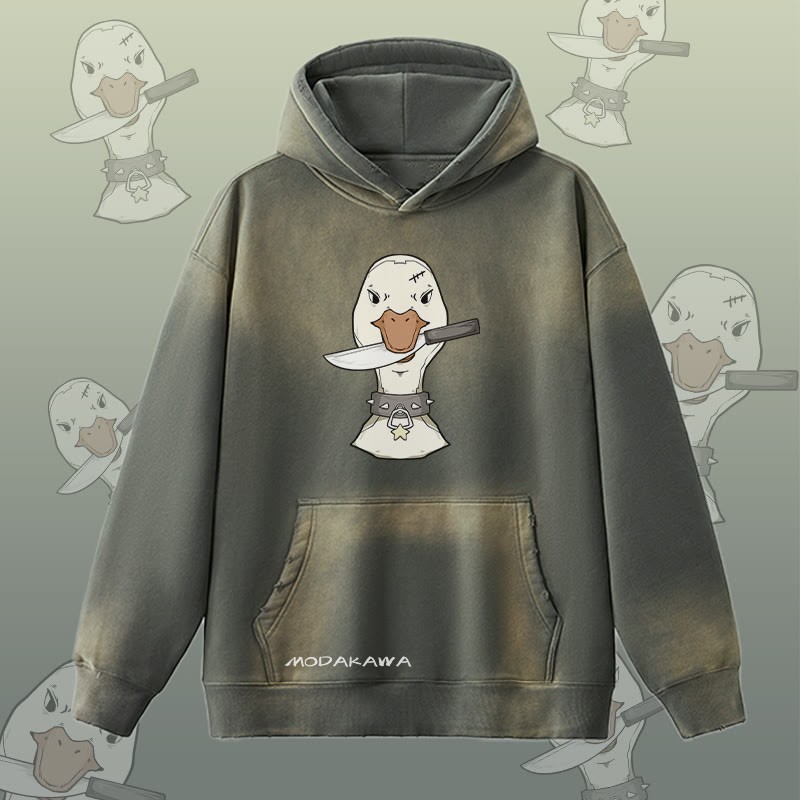 MODAKAWA Kapuzenpullover mit Gans-und-Messer-Motiv im Vintage-Look, gefüttert mit Fleece - Grey - 2XL - image 2