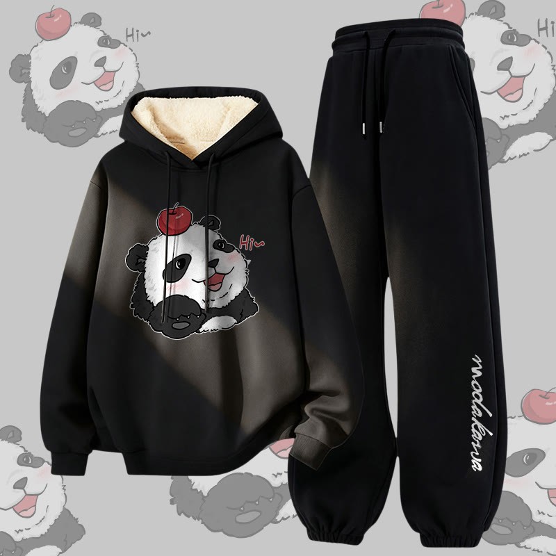 MODAKAWA Panda mit Apfel-Motiv, dick gefütterter Hoodie und Hose, zweiteiliges Set - Black - 5XL - image 4