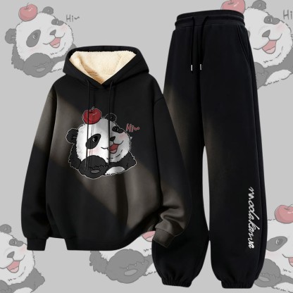 MODAKAWA Panda mit Apfel-Motiv, dick gefütterter Hoodie und Hose, zweiteiliges Set - Black - 5XL - image 4