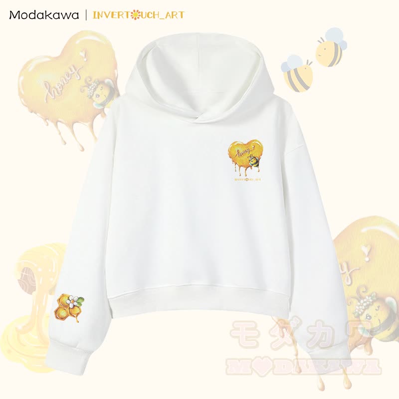MODAKAWA X INVERTOUCH_ART Honigbienen-Grafik Modakawa Cropped Cotton Hoodie - Weiß C - 3XL - image 9