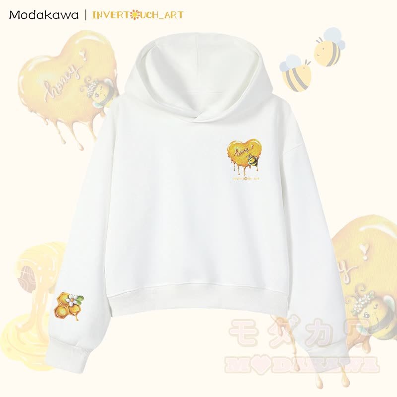 MODAKAWA X INVERTOUCH_ART Honigbienen-Grafik Modakawa Cropped Cotton Hoodie - Weiß C - 3XL - image 9