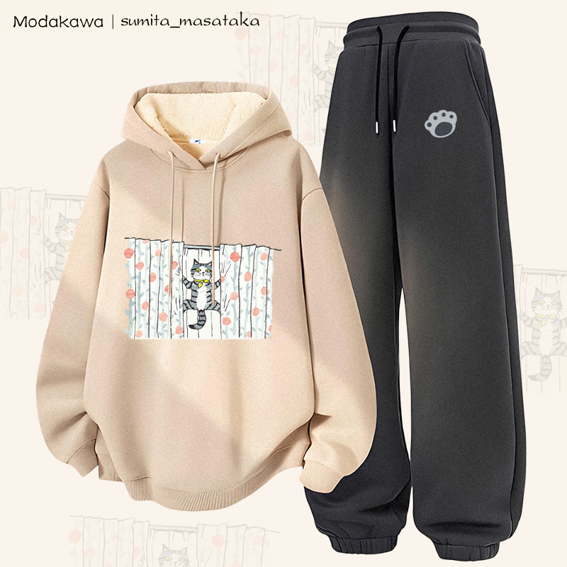 MODAKAWA X sumita_masataka Vorhang Kletterkatze Grafik Dick gefütterter Hoodie Hose Zweiteiliges Set - Apricot&Dark Grey - 5XL - image 3