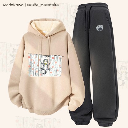 MODAKAWA X sumita_masataka Vorhang Kletterkatze Grafik Dick gefütterter Hoodie Hose Zweiteiliges Set - Apricot&Dark Grey - 5XL - image 3