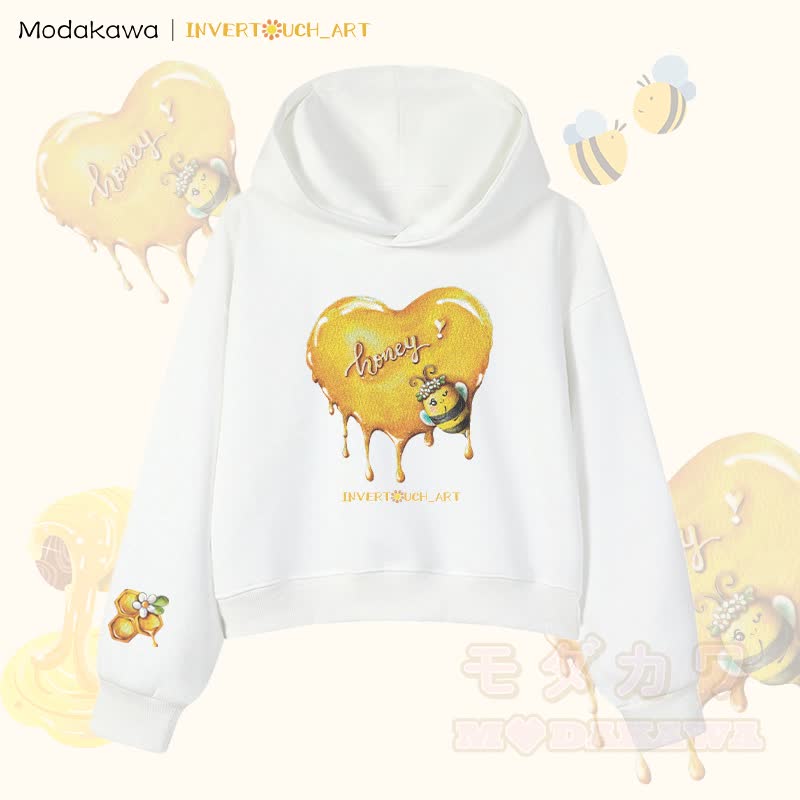 MODAKAWA X INVERTOUCH_ART Honigbienen-Grafik Modakawa Cropped Cotton Hoodie - Weiß B - 3XL - image 8