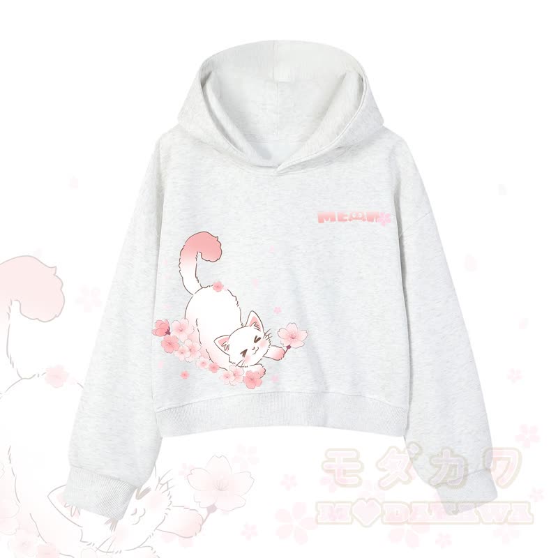 MODAKAWA X atka MEOW Katzen-Grafik-Hoodie aus Baumwolle (kurzer Schnitt) - Hellgrau - 3XL - image 8