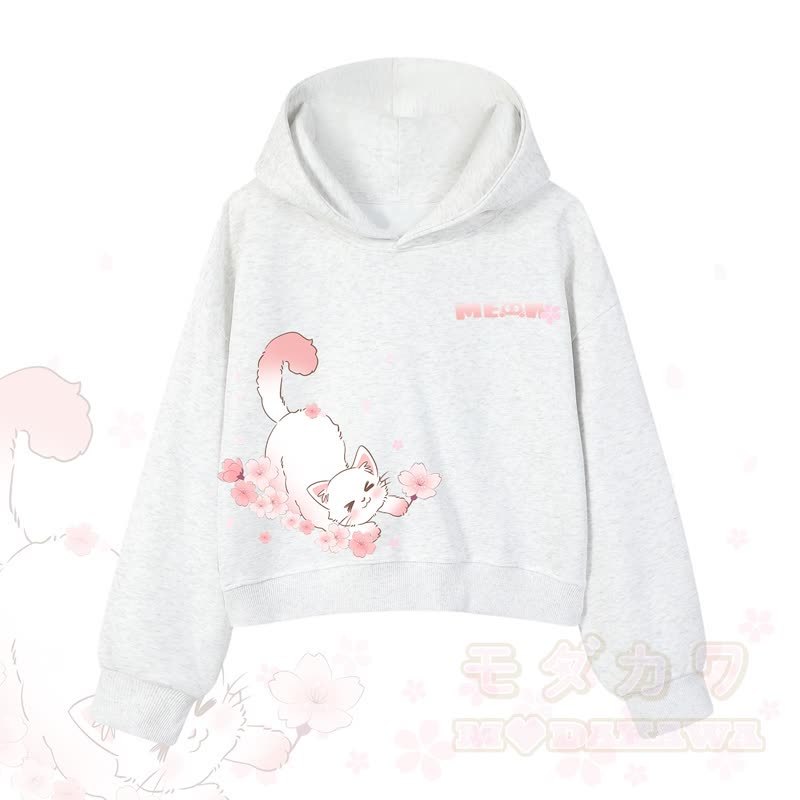 MODAKAWA X atka MEOW Katzen-Grafik-Hoodie aus Baumwolle (kurzer Schnitt) - Hellgrau - 3XL - image 8