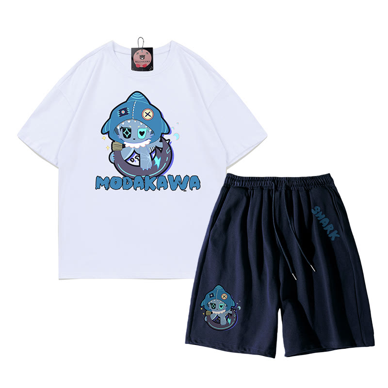 Verspieltes T-Shirt-Shorts-Set mit Hai-Grafik in dunkler Ästhetik, zweiteilig - Weiß & Purpurblau - A - 5XL - image 7