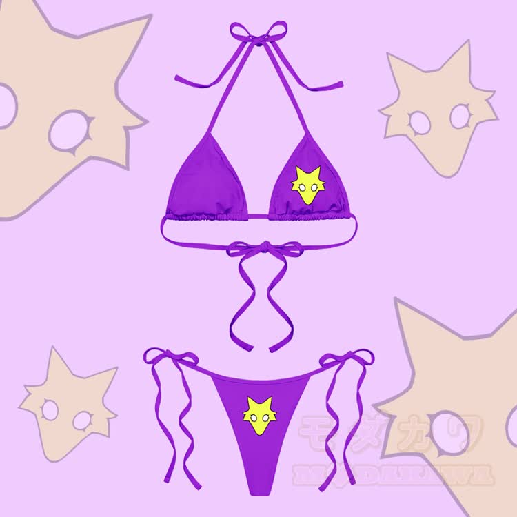 MODAKAWA X TiramisuRat Rat Graphic Damen-Bikini-Set mit Streifen und Bindebändern, zweiteilig - Lila - 4XL - image 6