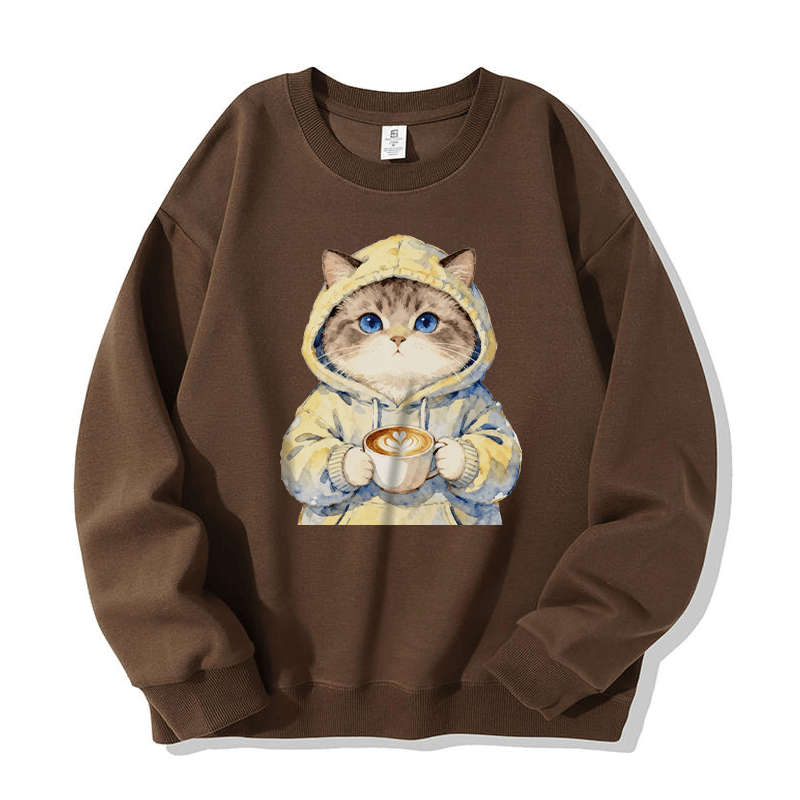 Kapuzenpullover mit Katze und Kaffeegrafik, Rundhalsausschnitt - Brown - 5XL - image 4
