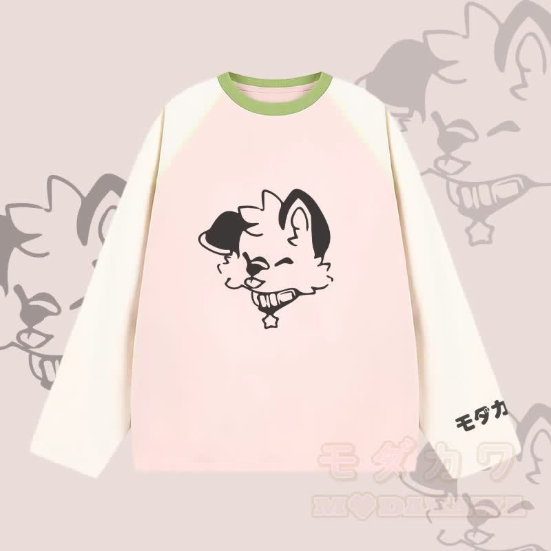 MODAKAWA X popipeko Fröhlicher Welpe Grafik- Farben Raglanärmel Langarm-T-Shirt - Rosa - 2XL - image 4