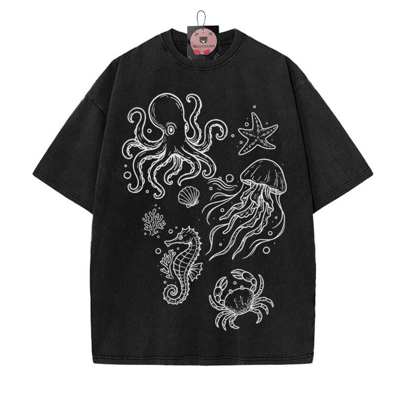 Handgezeichnetes Ocean Creatures Grafik Unisex Vintage Washed T-Shirt - Schwarz - 5XL - image 6