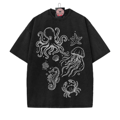 Handgezeichnetes Ocean Creatures Grafik Unisex Vintage Washed T-Shirt - Schwarz - 5XL - image 6