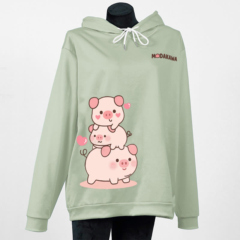 Modakawa-Hoodie mit gestapeltem Schweine-Buchstabenprint (locker) - Green - 6XL - image 4