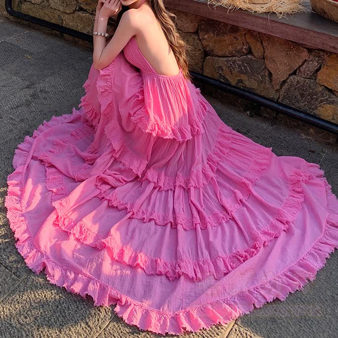 Boho Maxikleid mit tiefem V-Ausschnitt, Spaghettiträgern und Rüschen - image 10