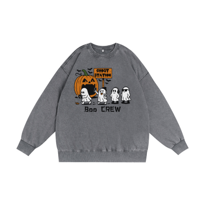 BOO CREW Unisex Vintage Washed Sweatshirt Geister Kürbis Halloween Grafik Crewneck Pullover - Grau - 3XL - image 3