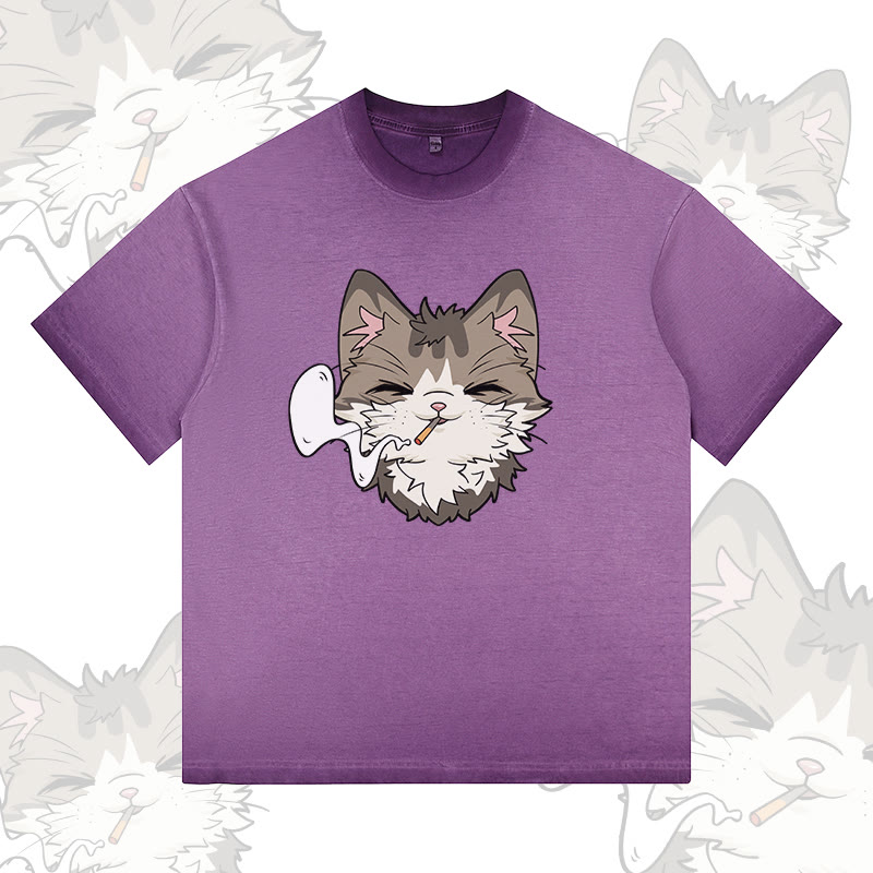 Modakawa T-Shirt mit Raucherkatzen-Motiv, 100 % Baumwolle, Farbverlauf, gewaschen - Purple - 5XL - image 3