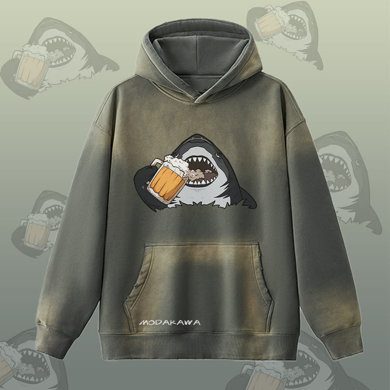 MODAKAWA Hoodie mit Hai-Bier-Motiv, Vintage-Waschung, Fleece-Futter - Grey - 2XL - image 2