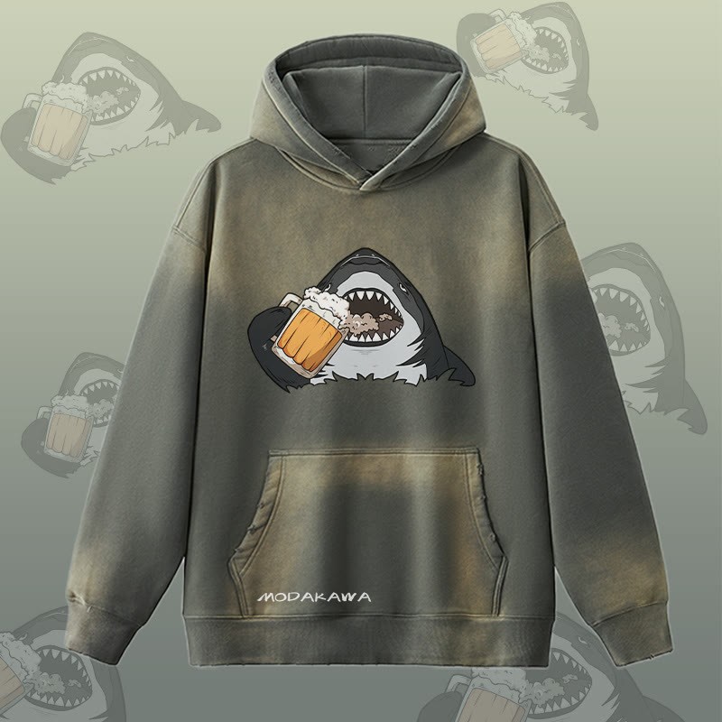 MODAKAWA Hoodie mit Hai-Bier-Motiv, Vintage-Waschung, Fleece-Futter - Grey - 2XL - image 2