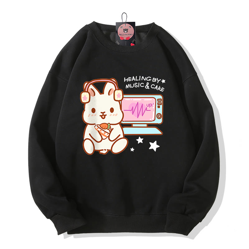 HEILUNG DURCH MUSIK KUCHEN Musik hören Hasen-Grafik Rundhals-Sweatshirt - Black - 5XL - image 5