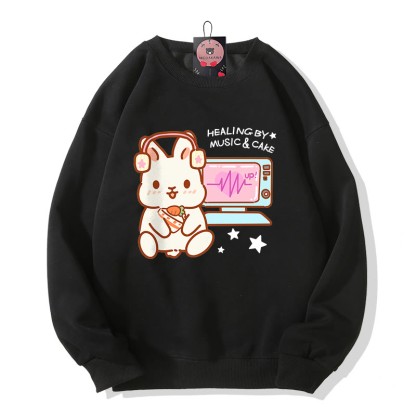 HEILUNG DURCH MUSIK KUCHEN Musik hören Hasen-Grafik Rundhals-Sweatshirt - Black - 5XL - image 5