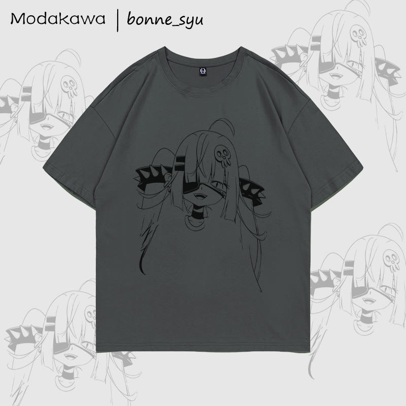 MODAKAWA X bonne_syu Dark Anime Girl Grafik-T-Shirt - Dark Grey - 5XL - image 4