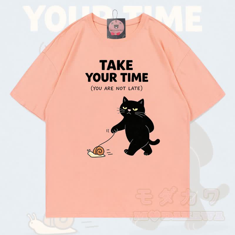 MODAKAWA TAKE YOUR TIME Katzenmotiv T-Shirt aus 100 % Baumwolle - Pfirsich - 5XL - image 11